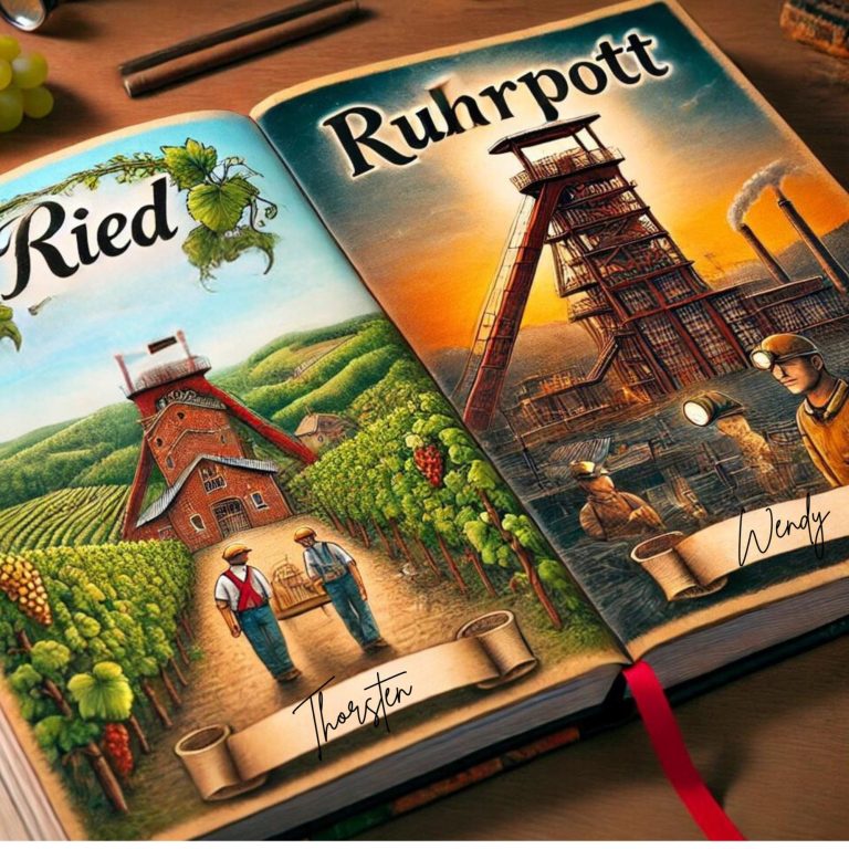 Zwei Seitenbuch mit Weinbergen und Bergbau im Ruhrgebiet.